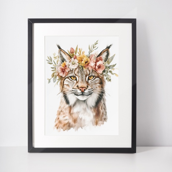 Watercolor Floral Lynx Portrait Wall Art Illustration Print Poster Unframed - Picture 3 of 9